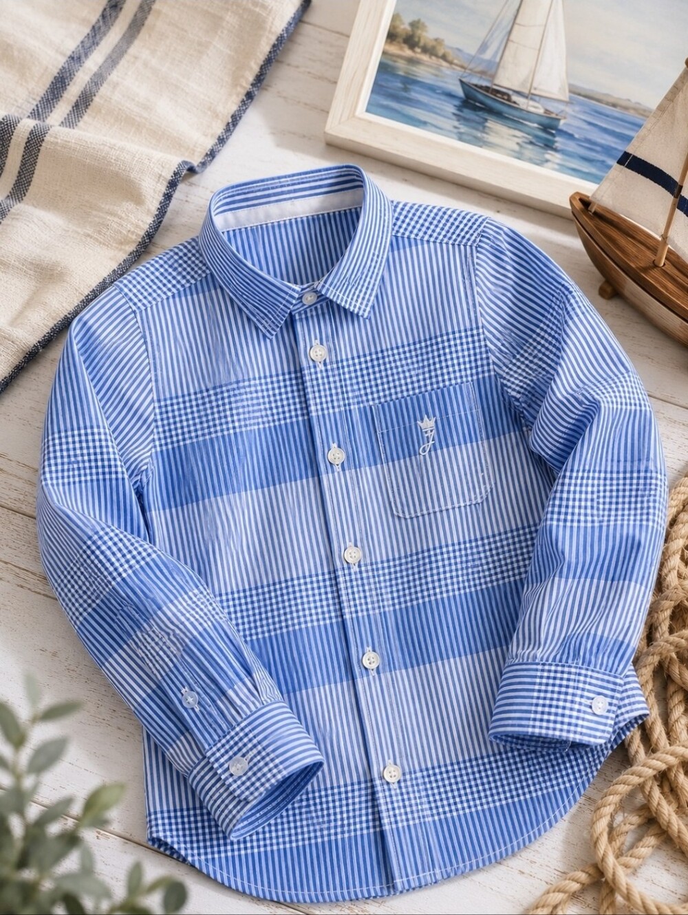 Jacadi Paris Boys Patchwork Stripe Gingham Button Down Shirt 4Y 104 French Prep